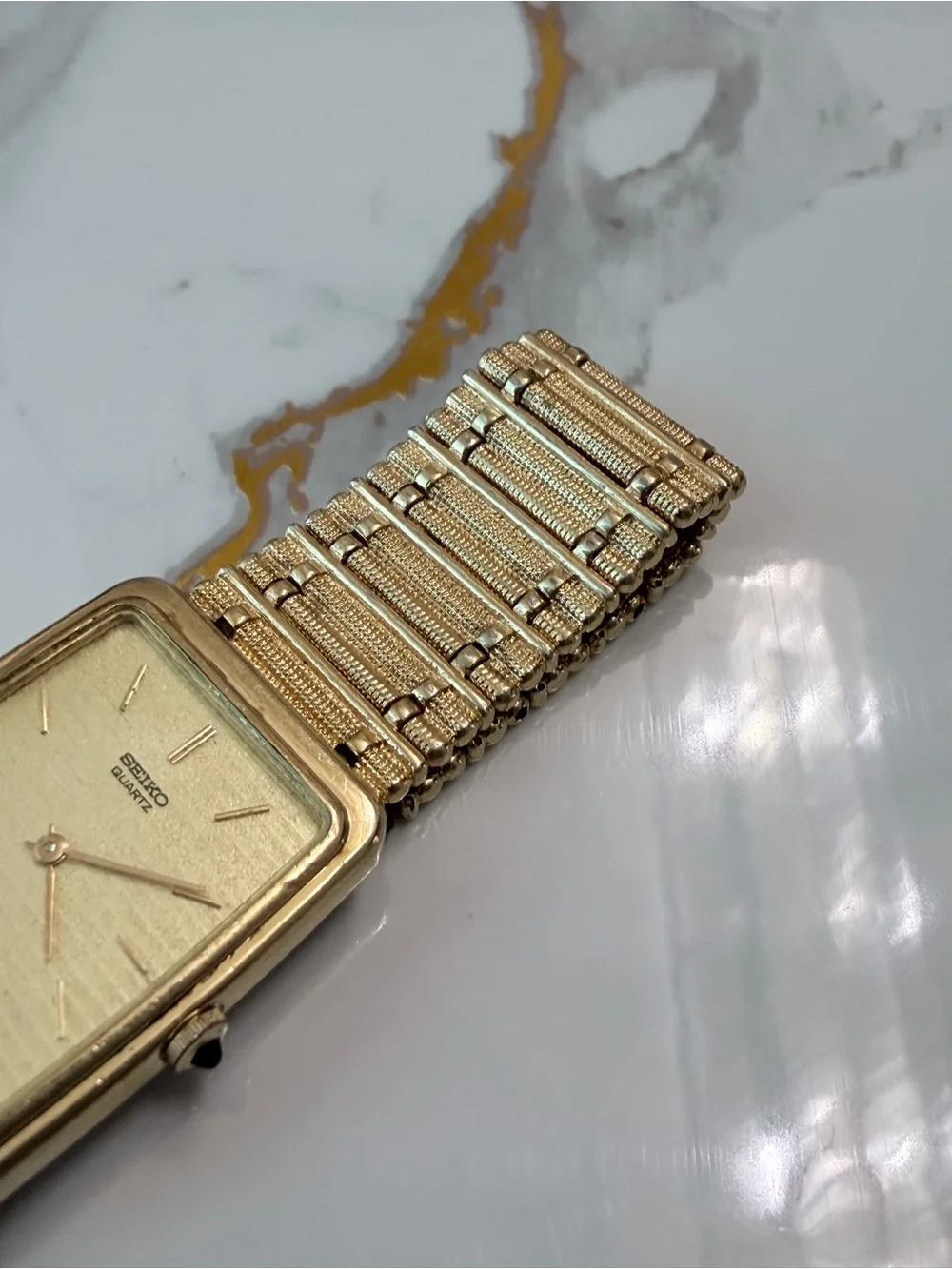1995 Vintage Seiko Men's Gold-Tone Tank Watch w/Ladder Bracelet - 7430 Quartz